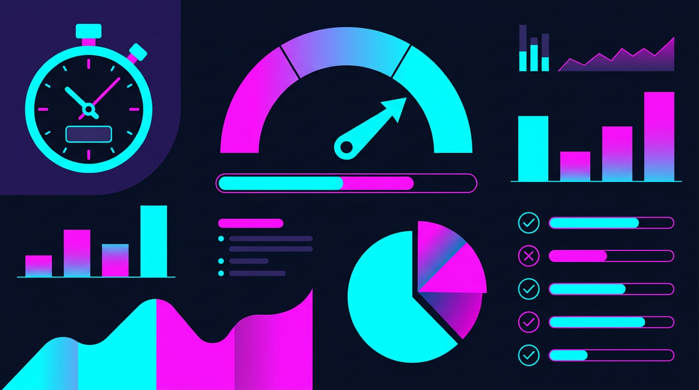 Tableau d'audit TikTok avec chronomètre, graphiques et note de performance