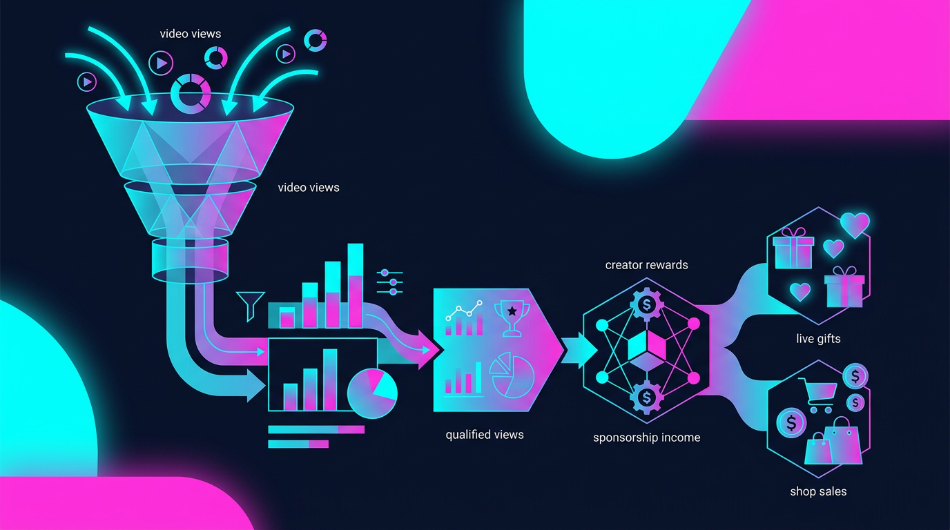 Entonnoir illustrant la conversion des vues TikTok en plusieurs sources de revenus