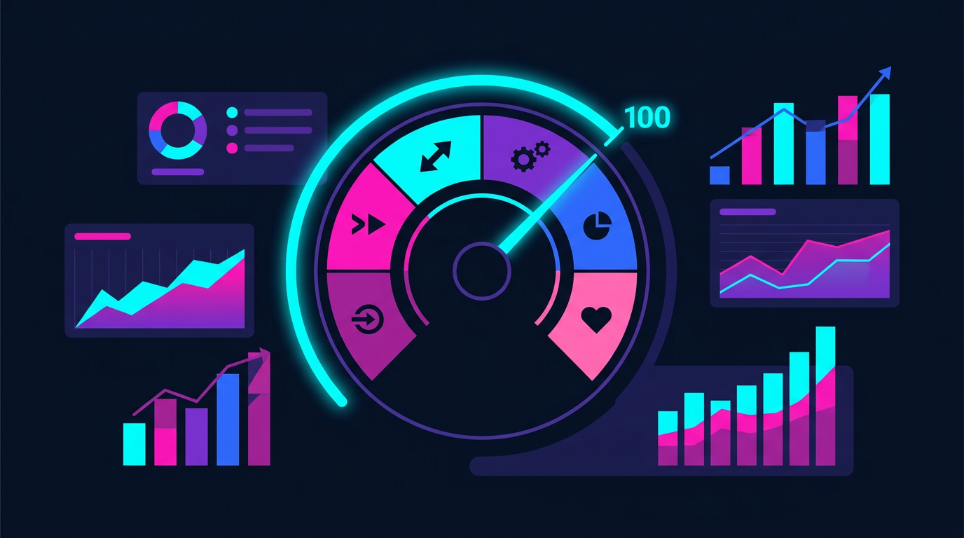Jauge de notation sur 100 entourée d'indicateurs de performance TikTok